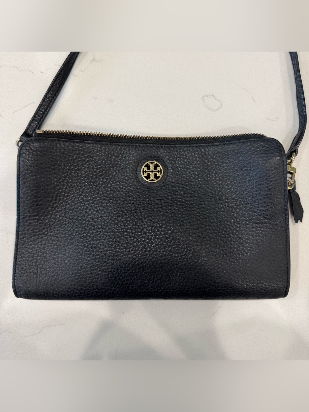 Tory Burch Black Pebbled Leather Purse with Gold Logo